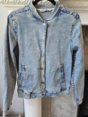 Suko Jeans Acid Wash Denim Bomber Jacket - Women's Size M - Stretch Gray/Blue